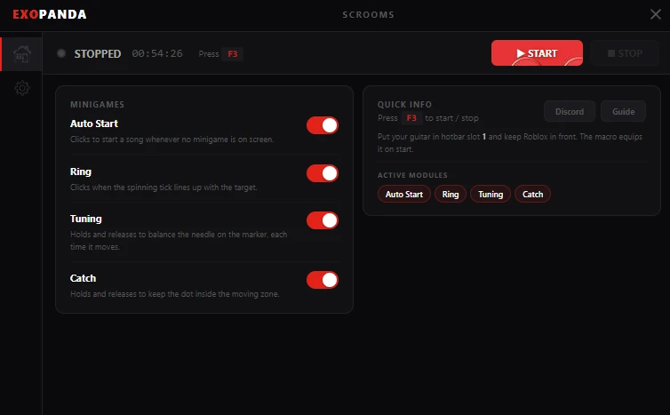 ExoPanda Scrooms macro window showing the Auto Start, Ring, Tuning and Catch toggles and the F3 start hotkey